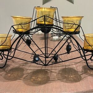 Black Metal Spider Tealight Holder with Amber Glass Cups